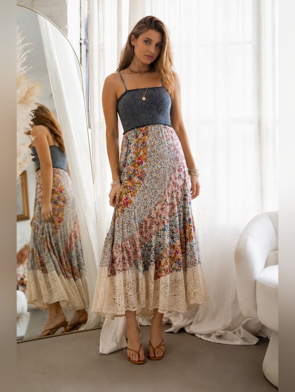 Young Threads Boho Patchwork Floral Maxi Dress NWT